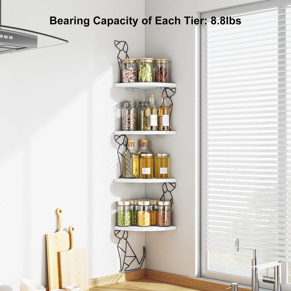 White Corner Shelf Wall Mount, 4 Tier Floating Shelf for Wall Storage, Rustic...