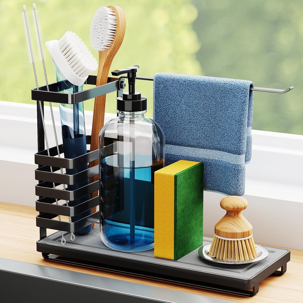 NiHome Multifunctional Kitchen Sink Caddy Organizer with Elevated Brush Holder,