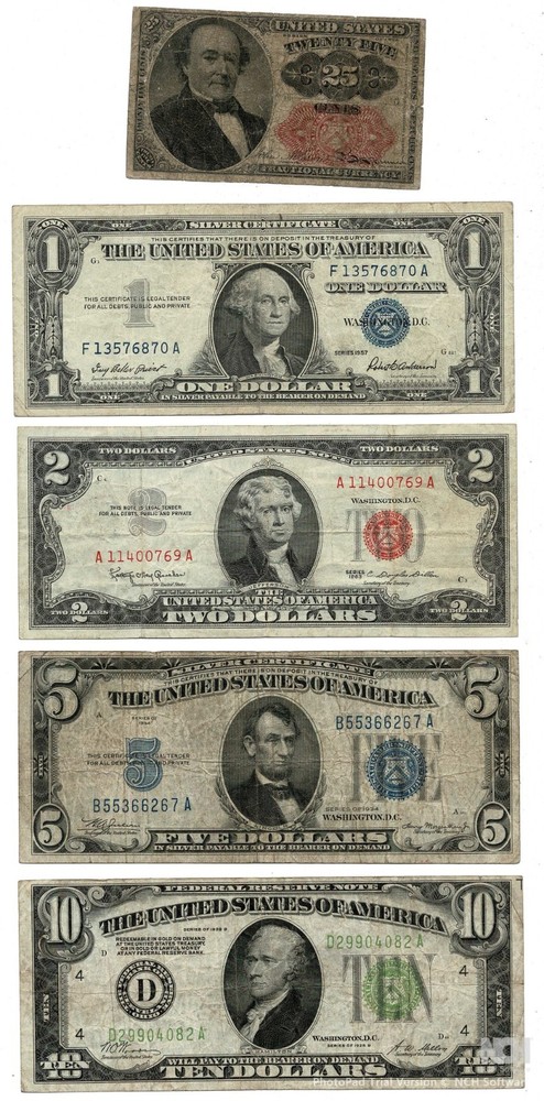 Five US Notes, Fractional, Silver Cert., Fed Res Note, & United States Note