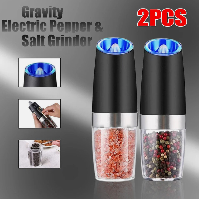 2x Home Gravity Electric Automatic Pepper Salt Set Grinder Adjustable Coarseness