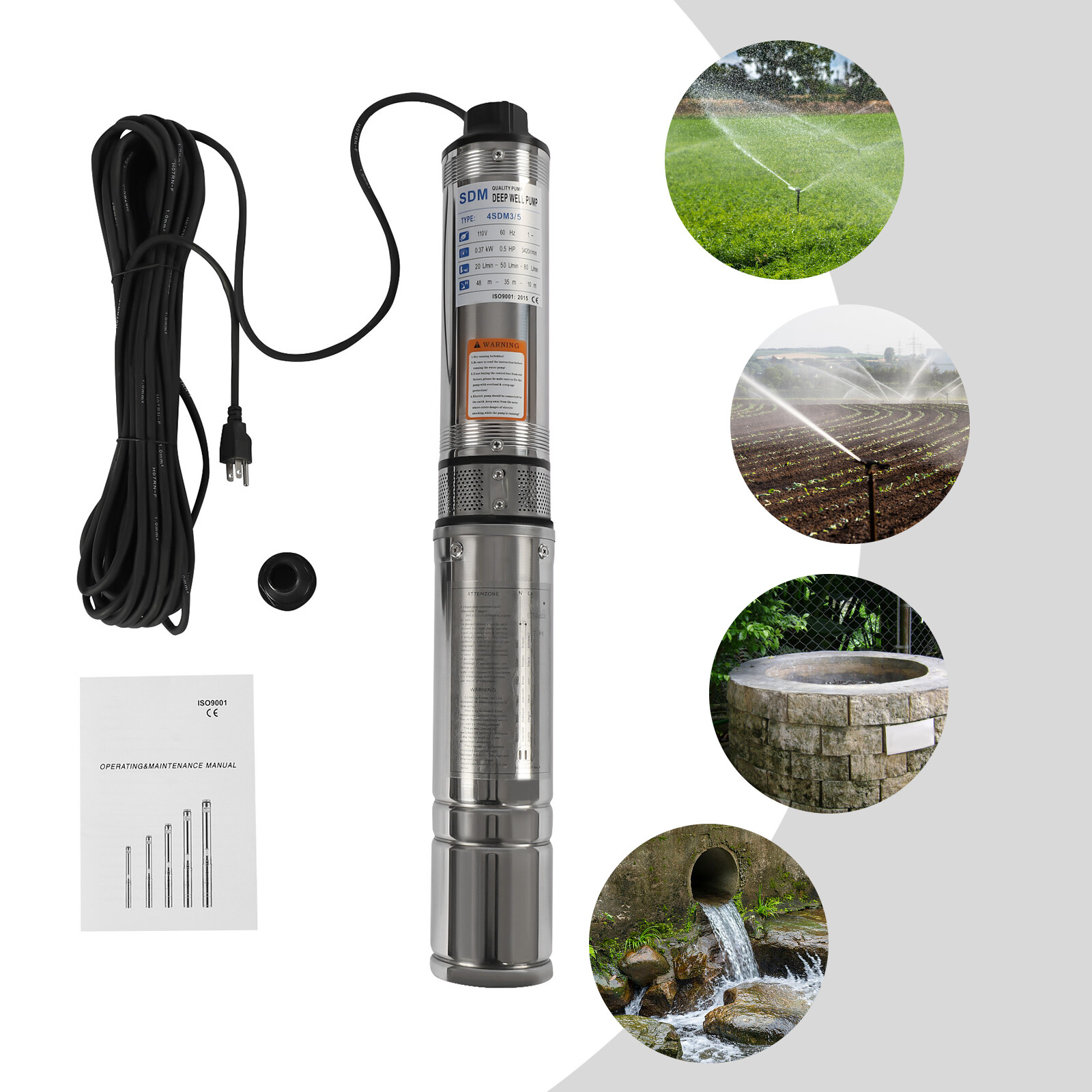 0.5HP Submersible Well Pump, 16GPM Stainless Steel, 110V Deep Water Pump