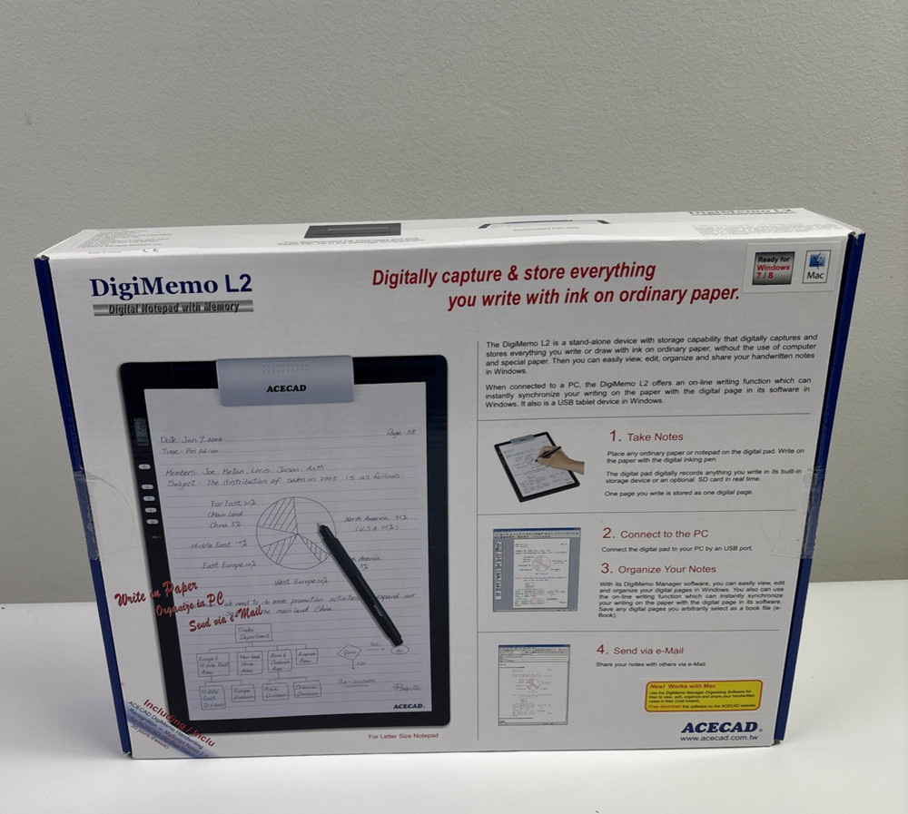 ACECAD DigiMemo L2 Letter Size Digital Notepad /w Pen Manual Software