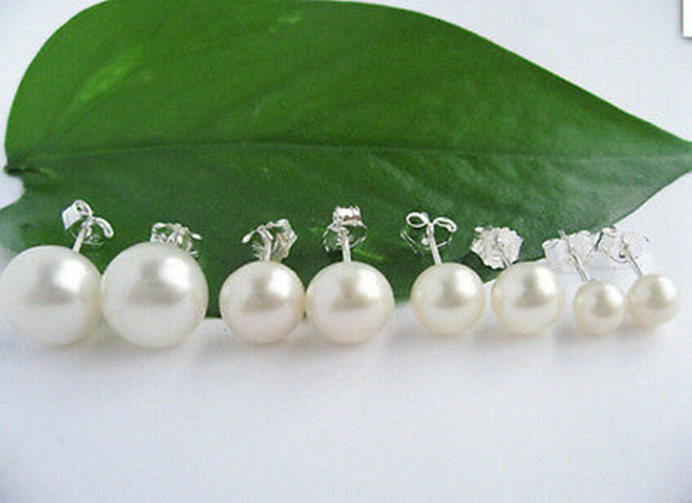 Wholesale Natural White Freshwater Pearl Solid Silver Stud Earrings AA