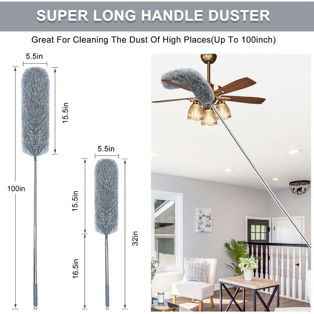 Extendable Microfiber Feather Duster with Long Telescopic Pole Washable Bendable