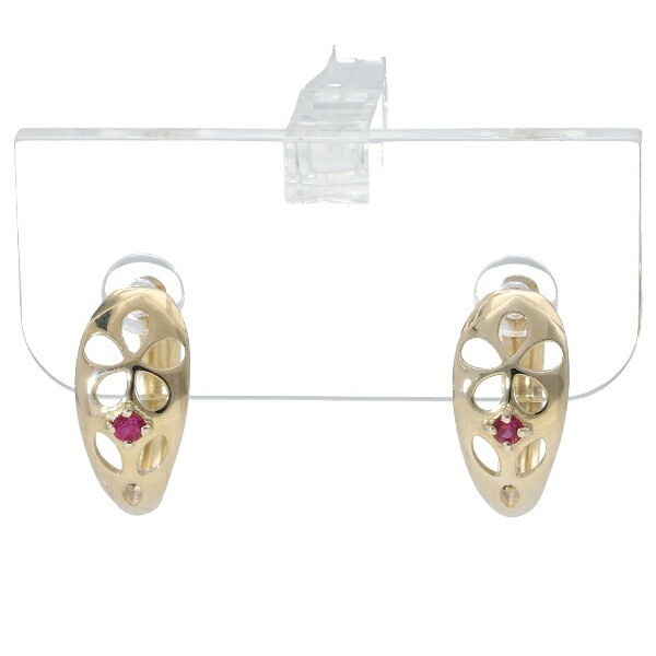 K10 Gold Hoop Earrings with Openwork Flower & Ruby (Pair)