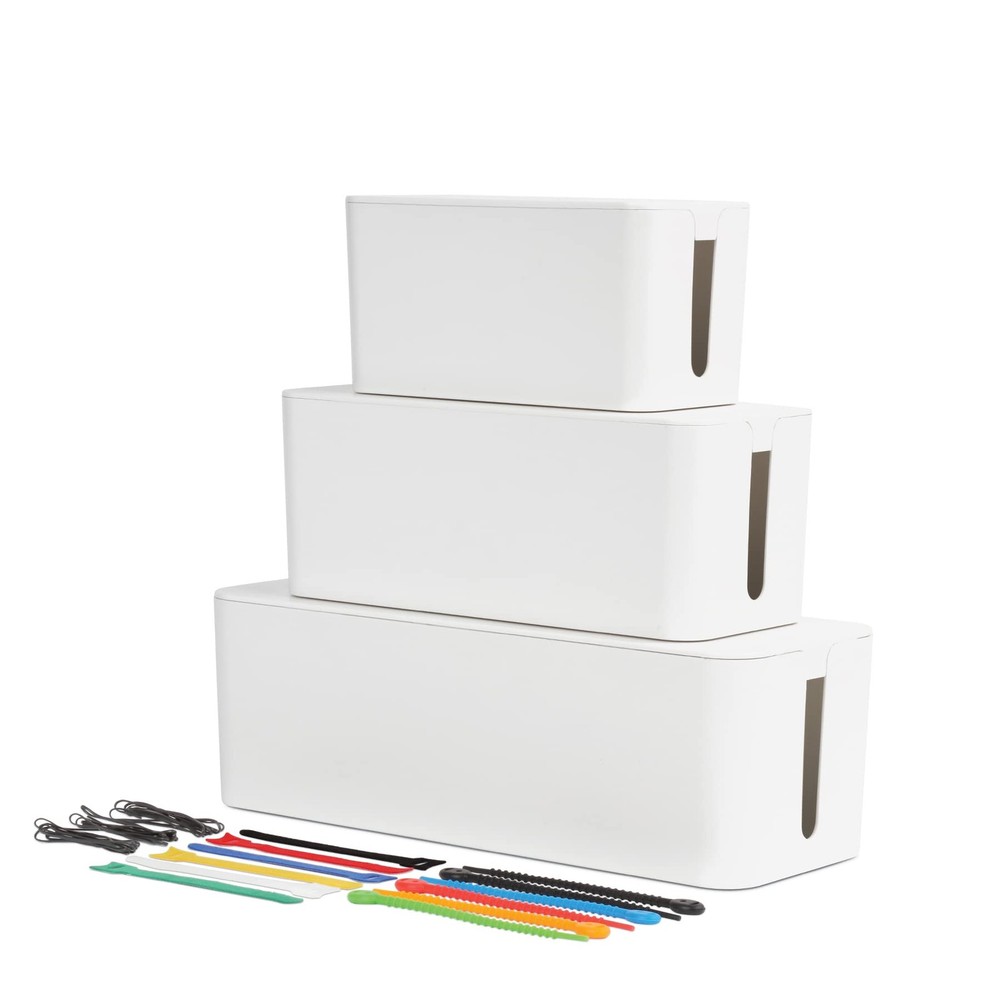 Cable Management Boxes, 3 Pack, Small, Medium, Large, 15 Cable Ties (Hook & L...