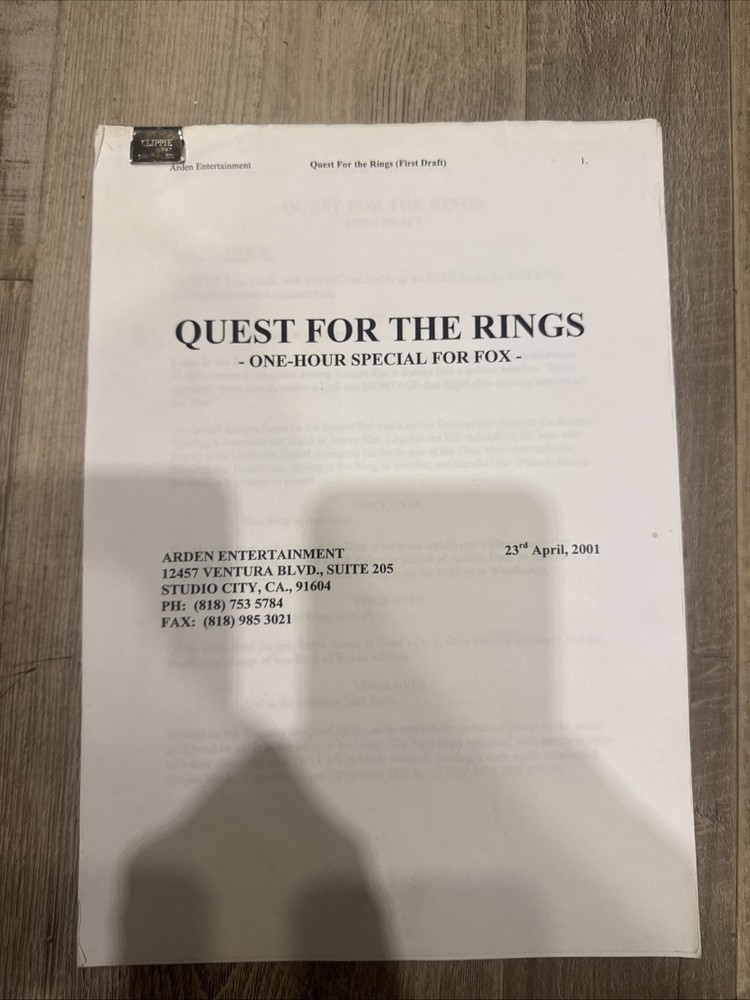 Quest For The Rings - One-Hour Special For Fox," dated April 23, 2001 Script