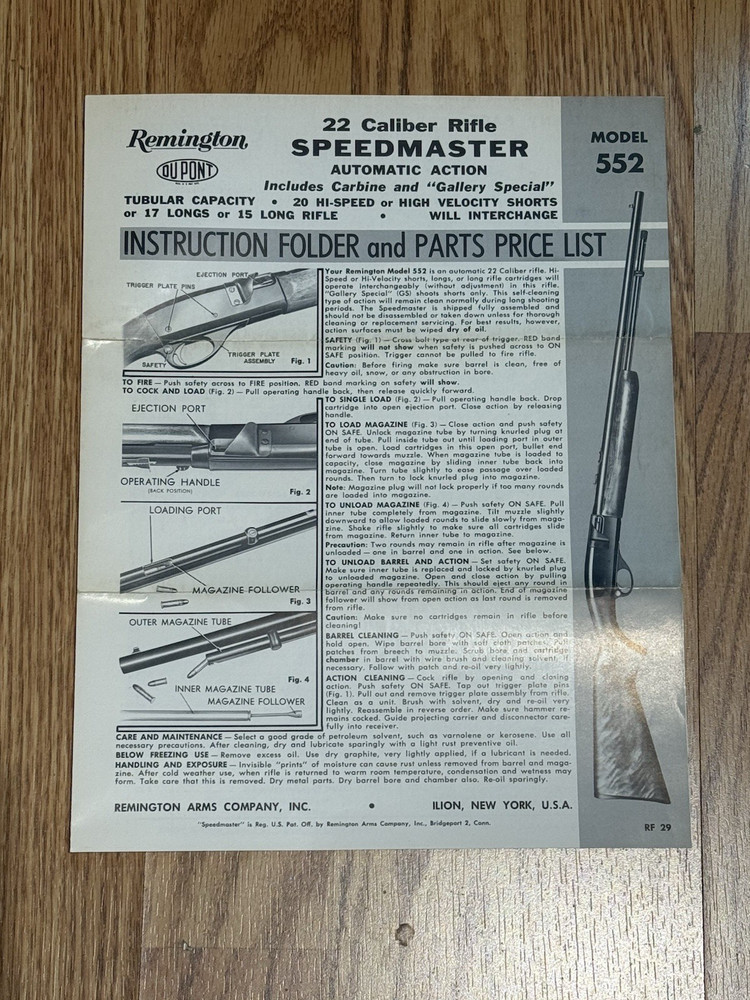 REMINGTON Model 552 22 Caliber Speedmaster Automatic Action Instruction Folder