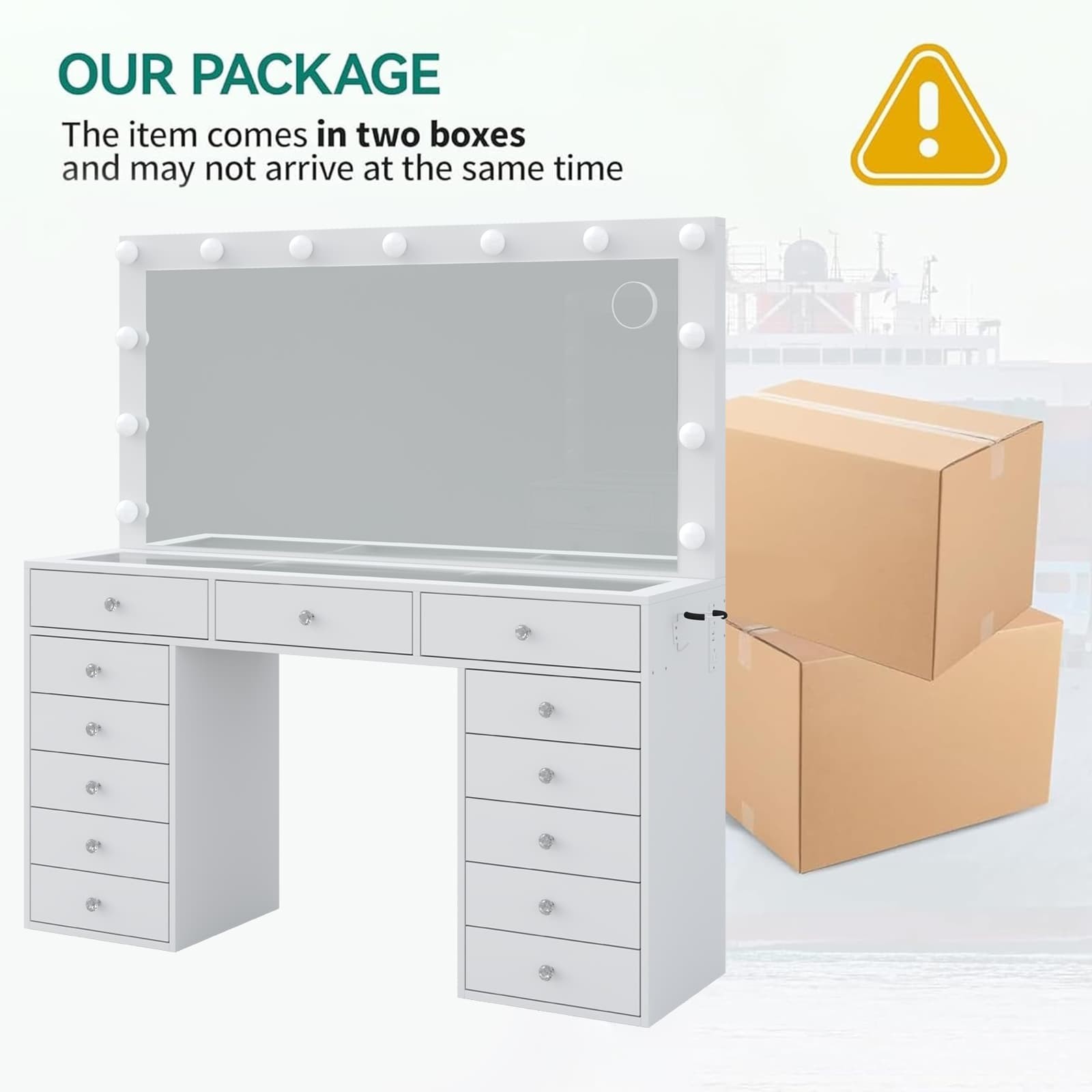 55" Makeup Vanity Desk with Lighted Mirror, Vanity Table Gift, 13 Drawers, White