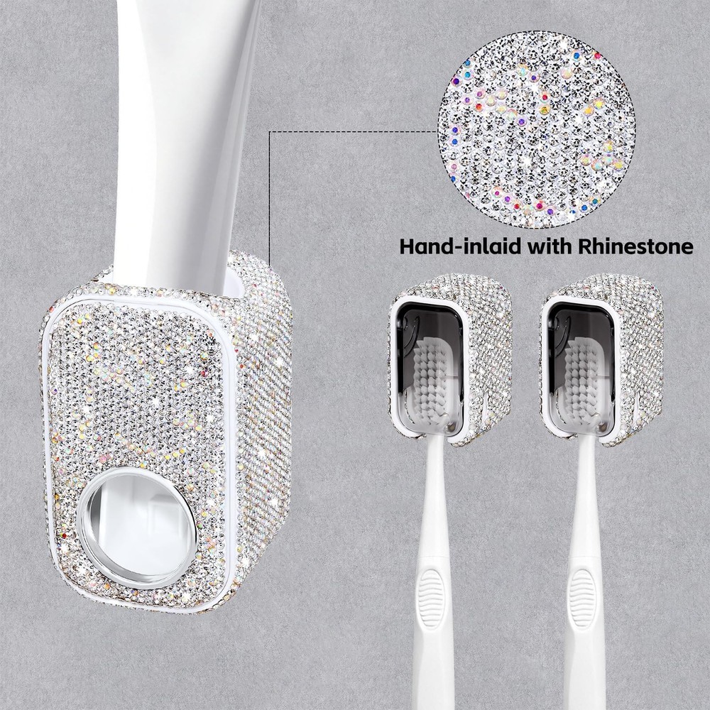 Bling Automatic Toothbrush Holder Wall Mount Toothpaste Squeezer Set for Bath...
