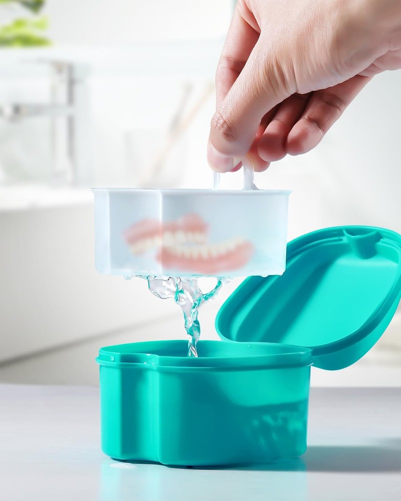 JMU 2pcs Denture Bath Case, Cup for Soaking Navy Blue,Teal Blue