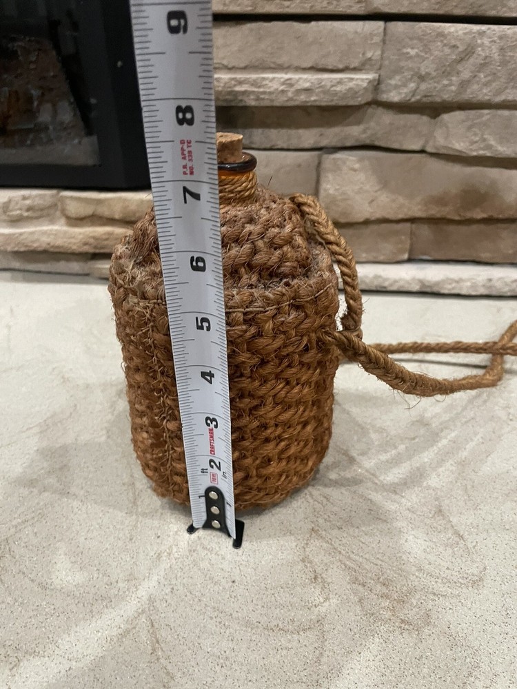VINTAGE WRAPPED EMPTY WINE amber GLASS BOTTLE String cork