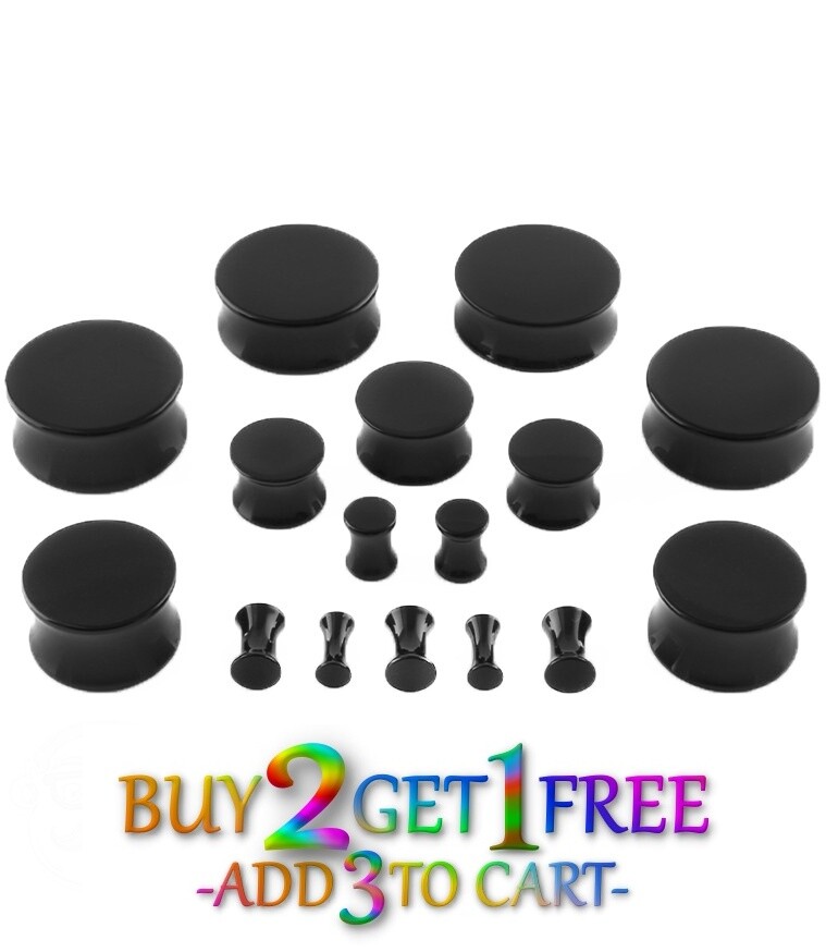 Pair 8g-50mm BLACK ACRYLIC PLUGS Double Flare Gauges Solid Ear Body Tunnels 1002