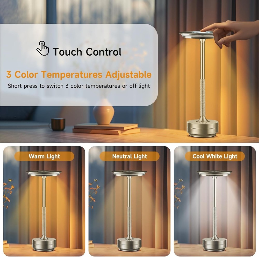 Metal Table Desk Lamp Cordless Touch Control Dimmable Night Light Rechargeable