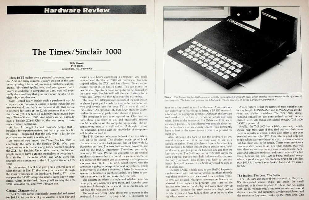 1983 Timex Sinclair 1000 Computer - 7-Page Vintage Article
