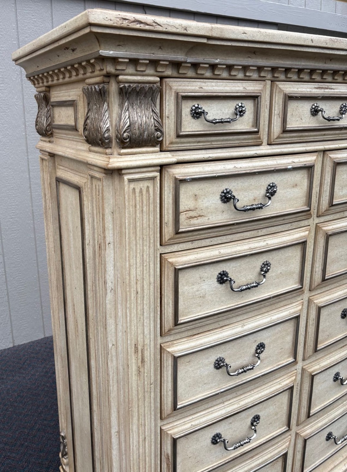 67503 Marge Carson Neoclassical High Chest in Distressed Cream Finish