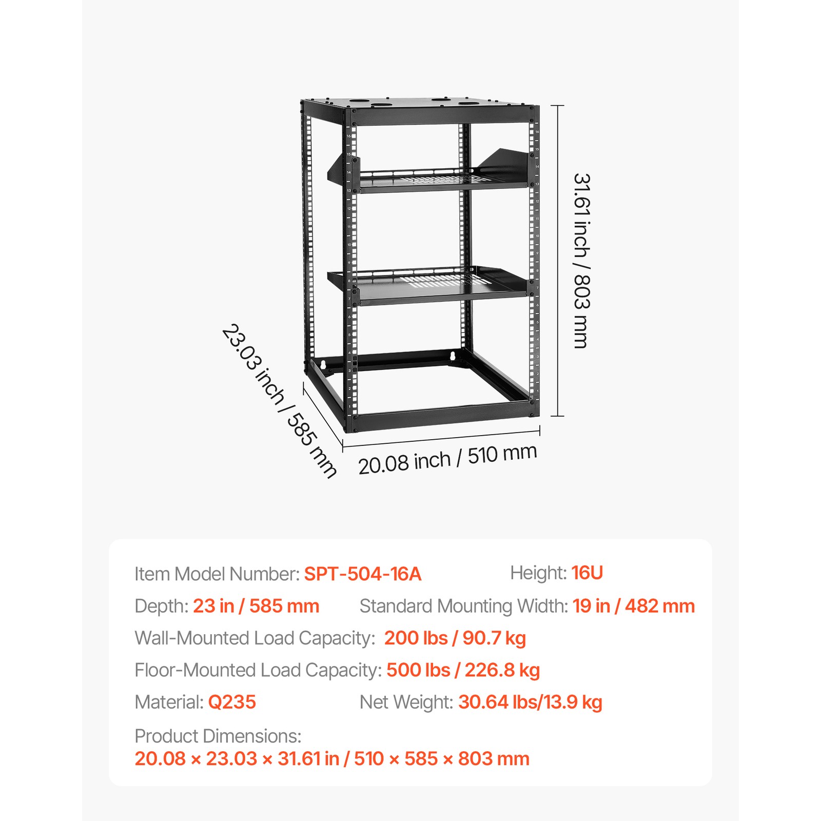 Uimoso 16U Open Frame Wall-Mount Server Rack with Shelves and 4-Post Design