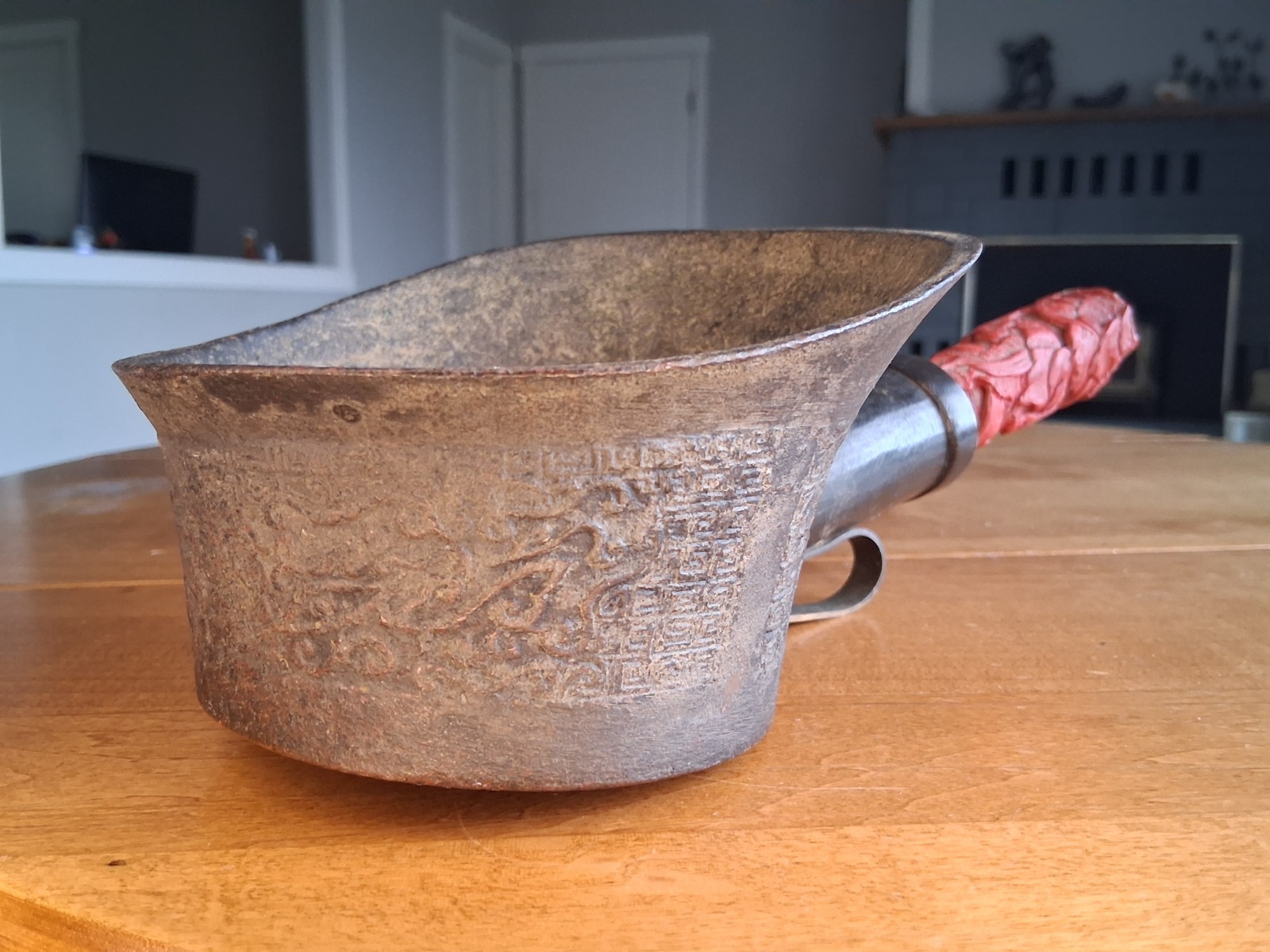 Antique 12" Big Chinese Bronze Silk Iron w/ Carved Cinnabar Handle, Hole Shown