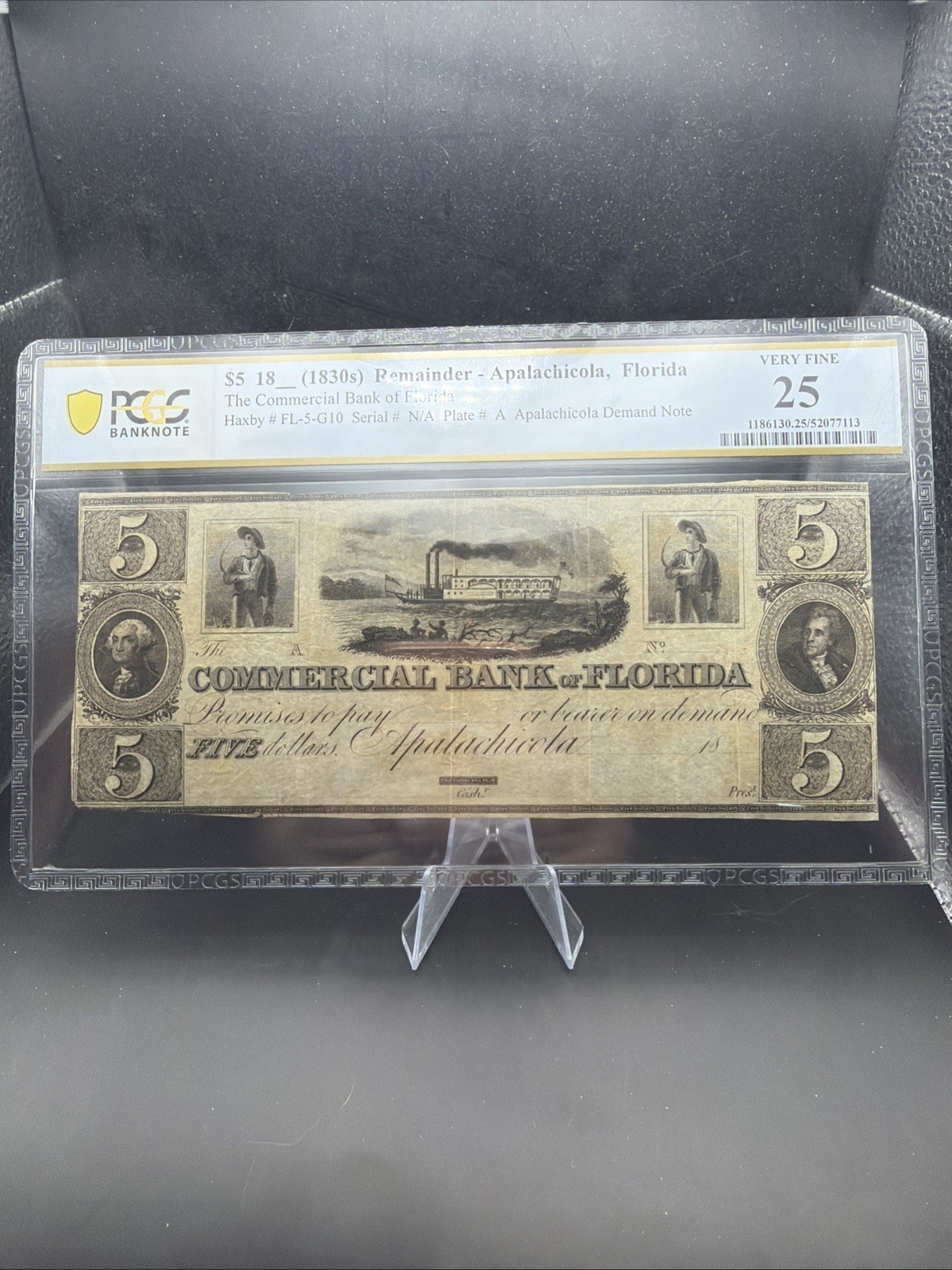 1830s APALACHICOLA, FLORIDA $5 COMMERICAL BANK OF FLORIDA NOTE PMG VERY FINE 25