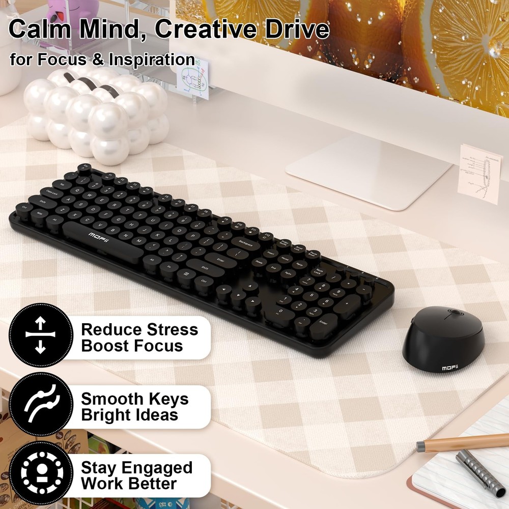 Black 104-Key Full-Size Retro Round Typewriter Wireless Keyboard and Mouse Combo