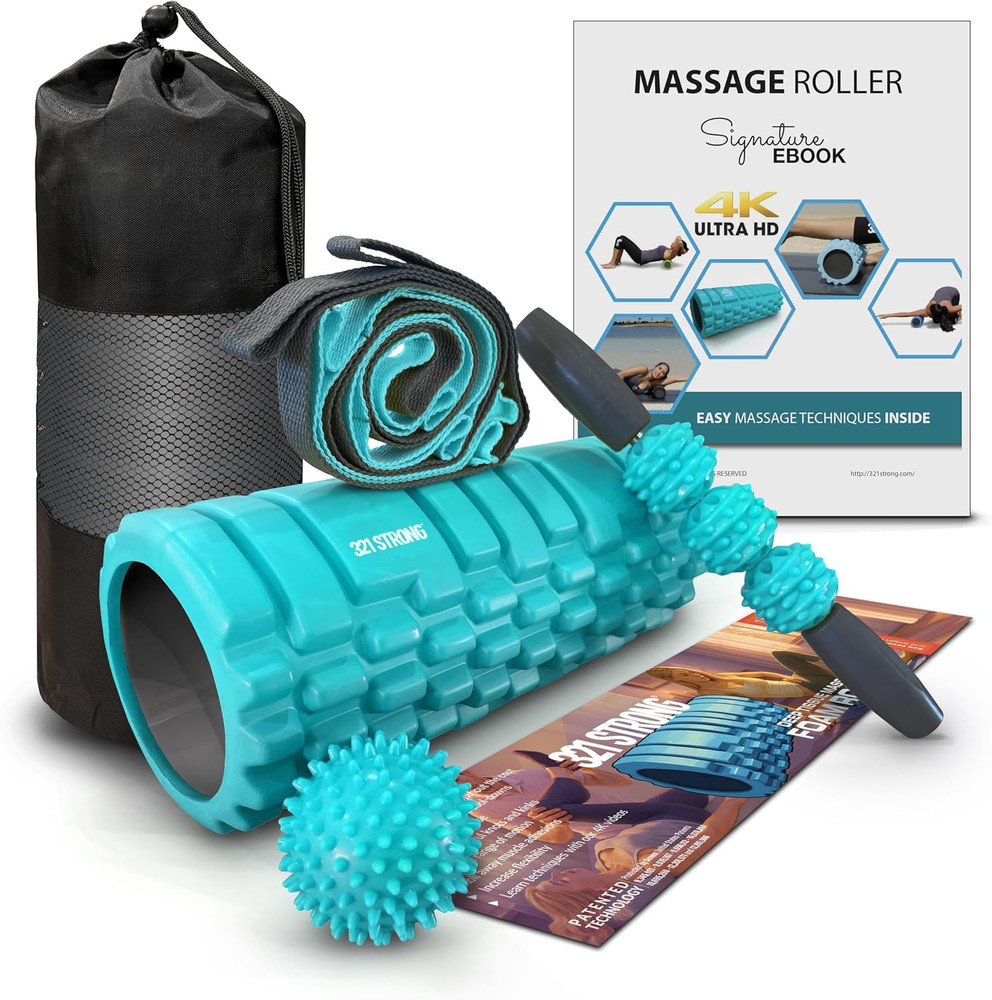 Foam Roller Set With: Hollow Core Roller, Muscle Roller Stick, Stretching Strap,