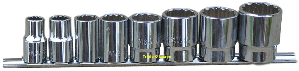 Whitworth 1/2" drive socket set on rail - 8pc Chrome vanadium