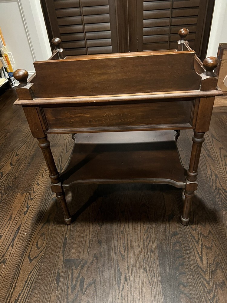 Vtg Leather Top Accent Table with 2 Drawers & Bottom Shelf