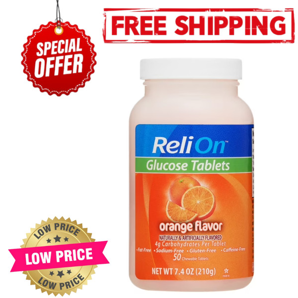 Relion Glucose Tablets, Orange Flavor, Fat-Sodium-gluten-caffeine Free, 50 Count