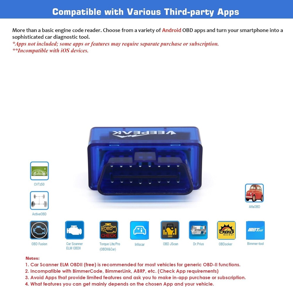 Veepeak Mini Bluetooth OBD2 Scanner for Android – Not Compatible with iOS –