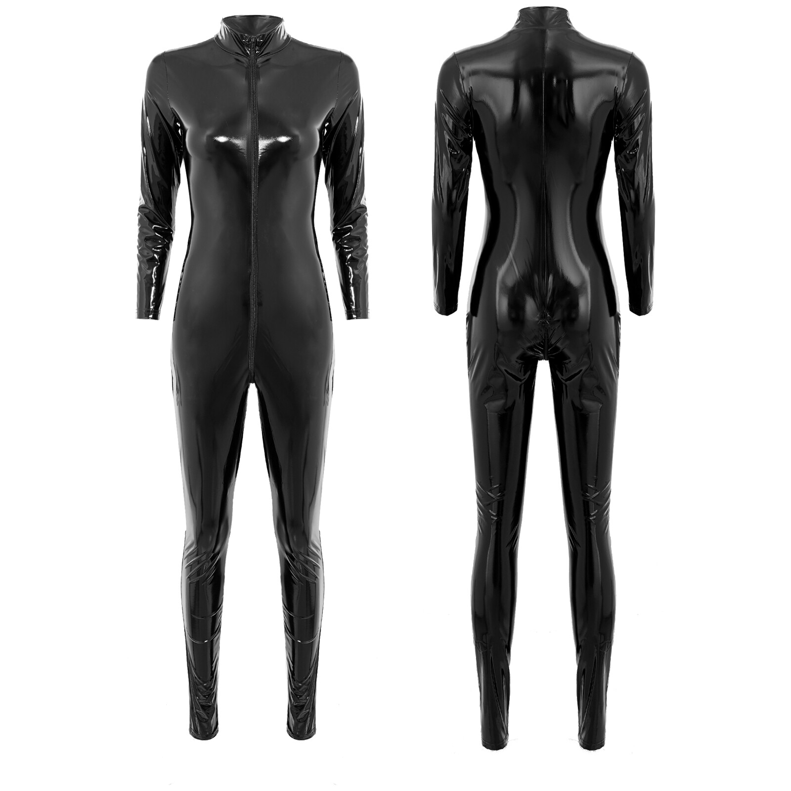 Womens Sexy Faux Leather Catsuit Latex Bodysuit Zipper Wet Look Leotard Jumpsuit