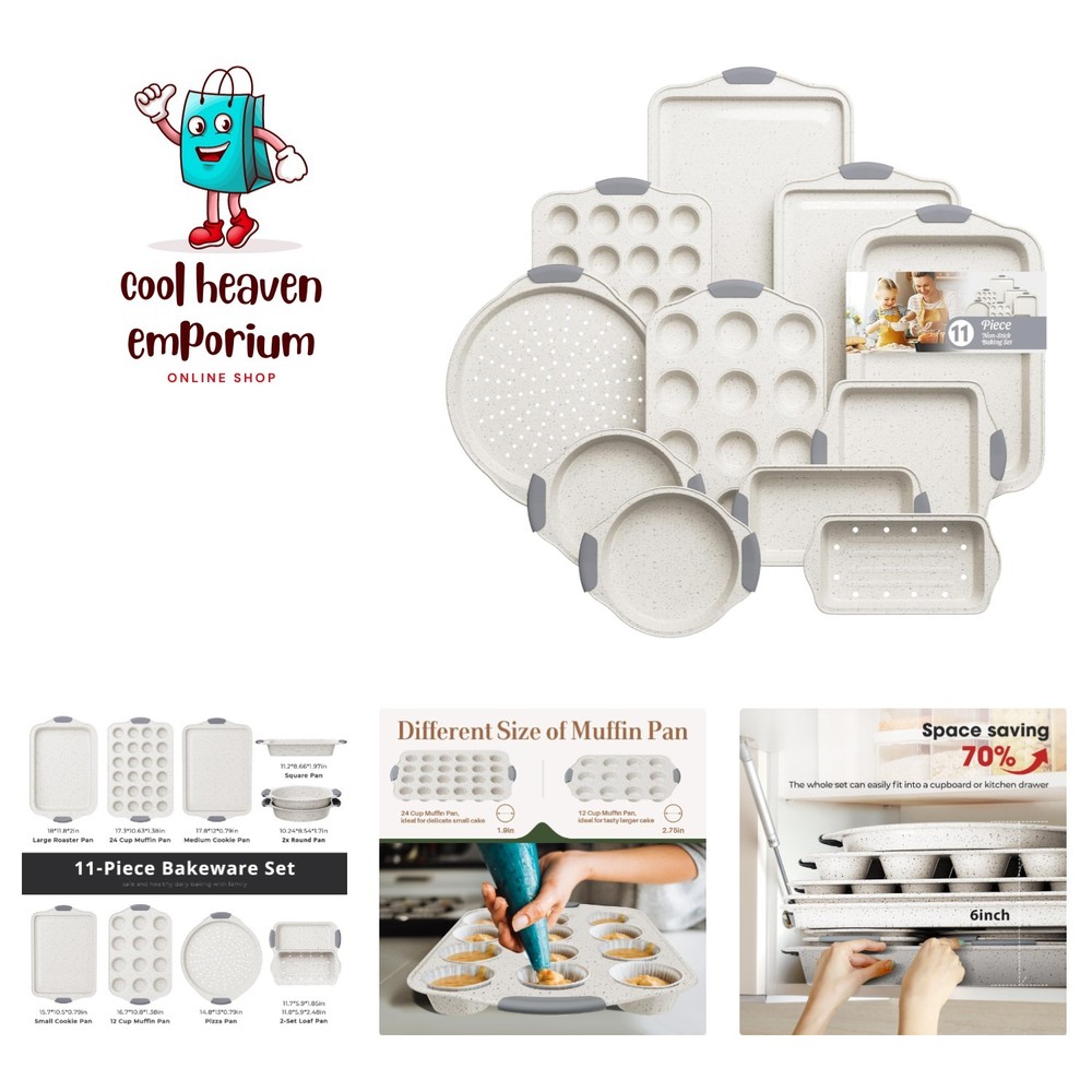 11-Piece Nonstick Baking Pans Set, Stackable Non Toxic Bakeware Sets with Coo...