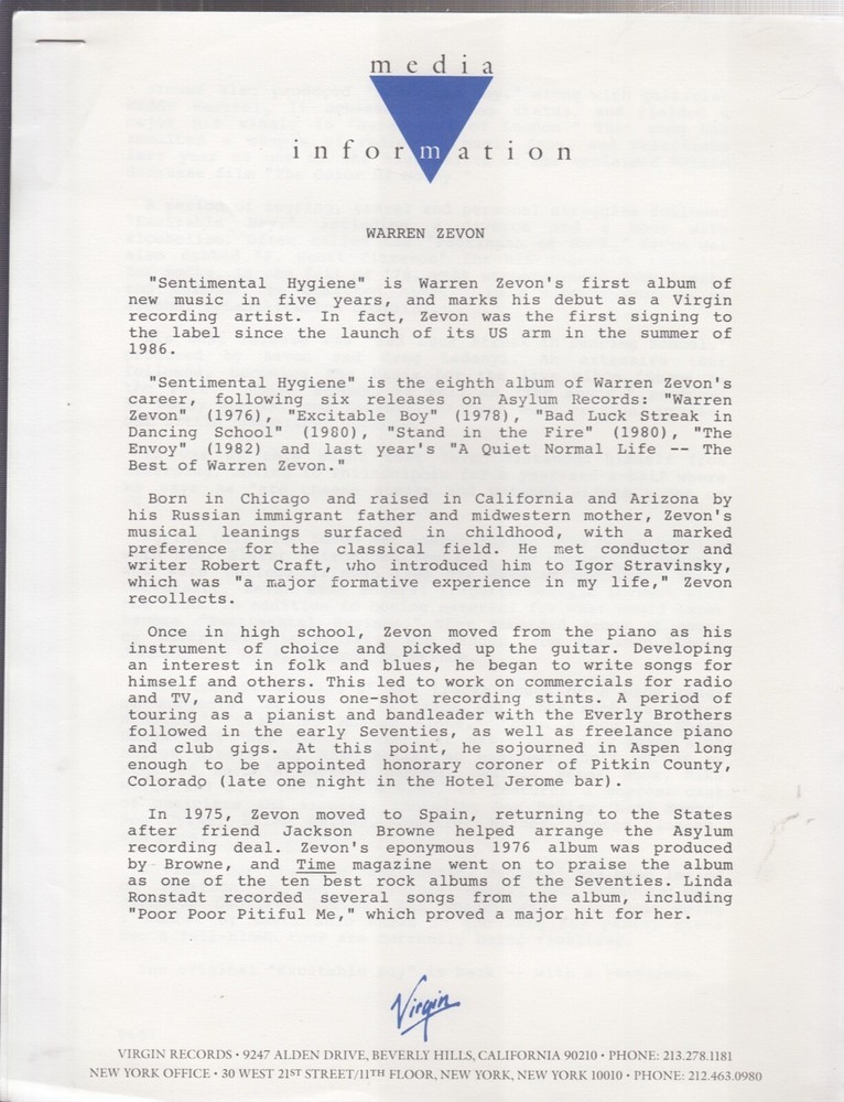 warren zevon  press release for sentimental hygiene  1987