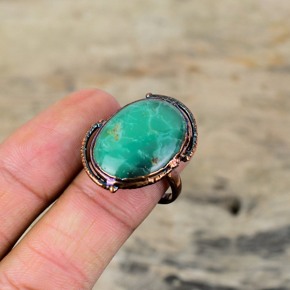 Gift Electroformed Solitaire Adjustable Ring Size Adjustable Copper Chrysoprase