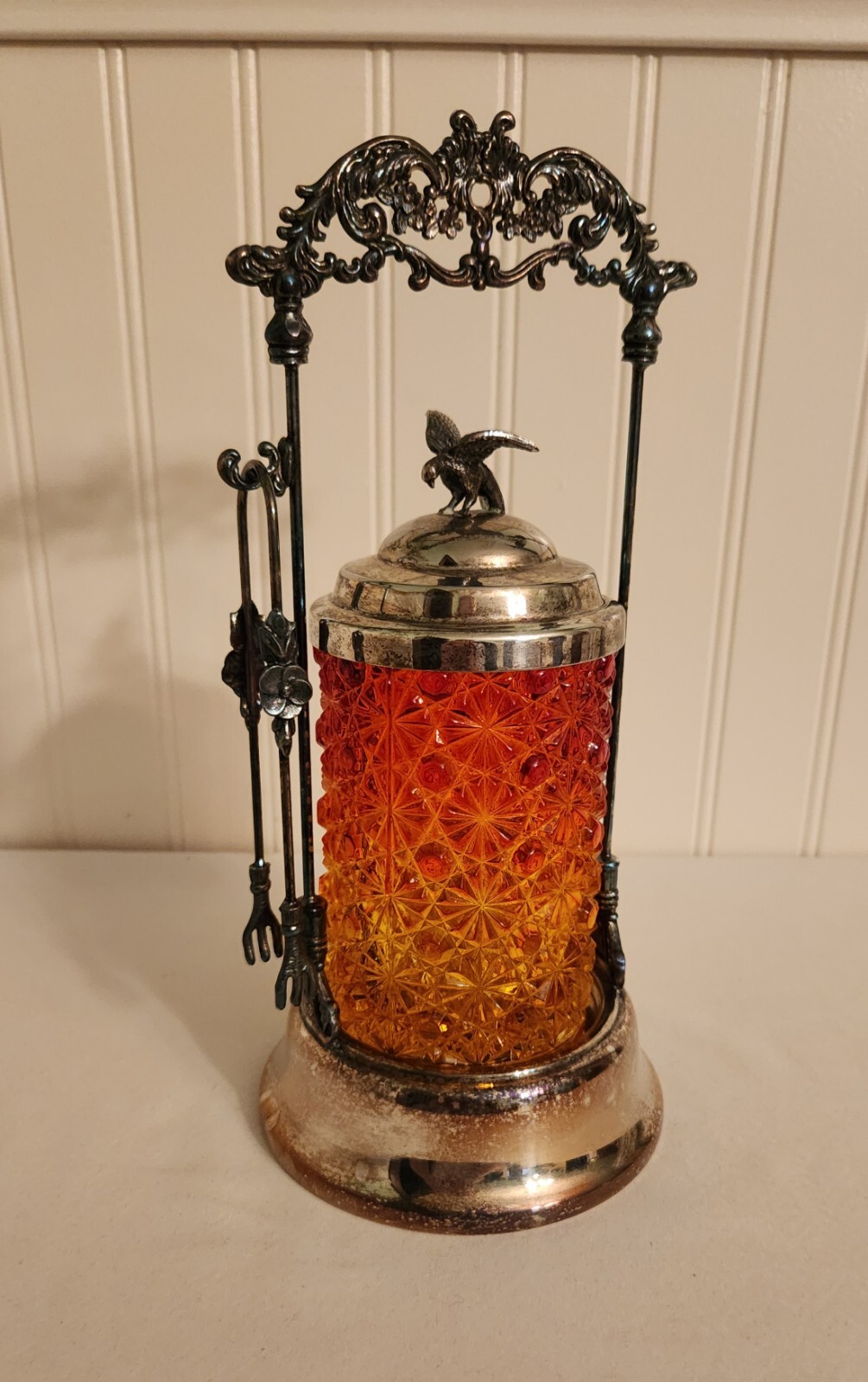 Antique Victorian Amberina Glass Daisy Button Pickle Castor Ornate Eagle Finial