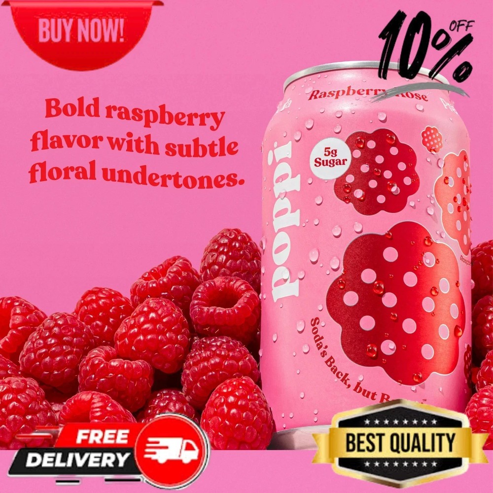 poppi Raspberry Rose Prebiotic Soda, 12 fl oz, 4 Pack Cans