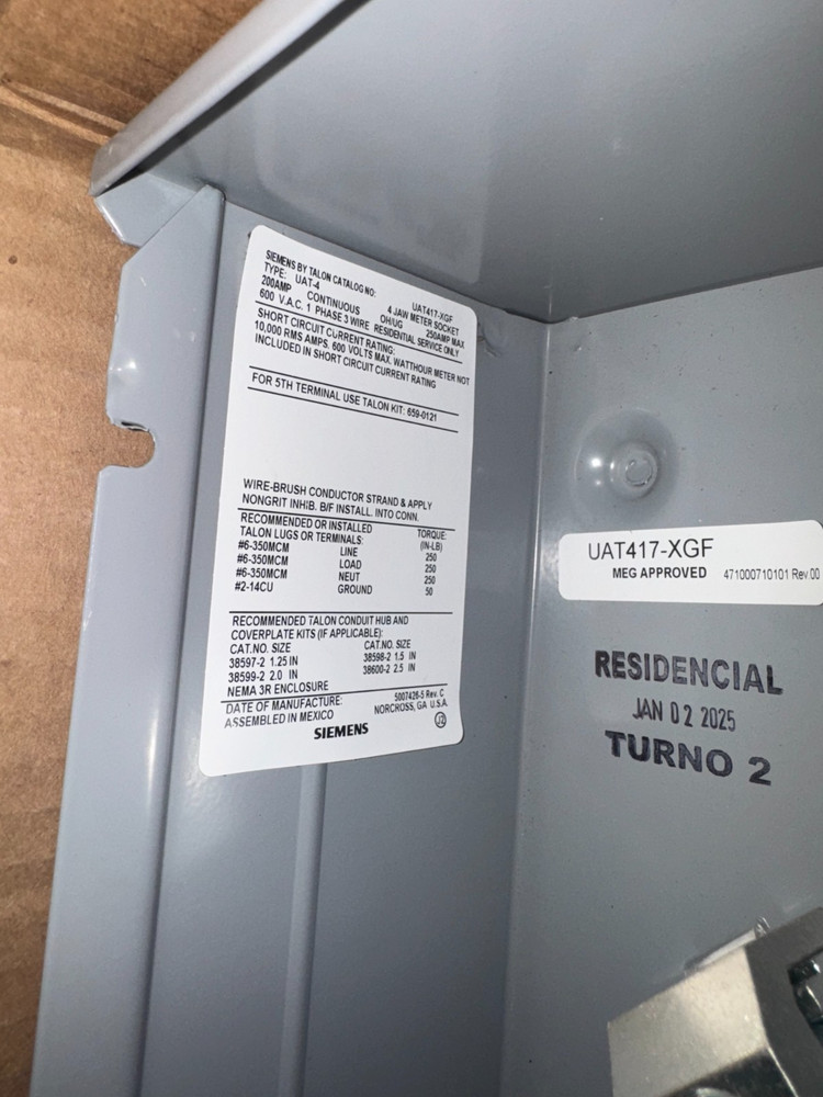 Siemens Talon UAT417-XGF Ringless Type Meter Socket 200A 600VAC *READ*