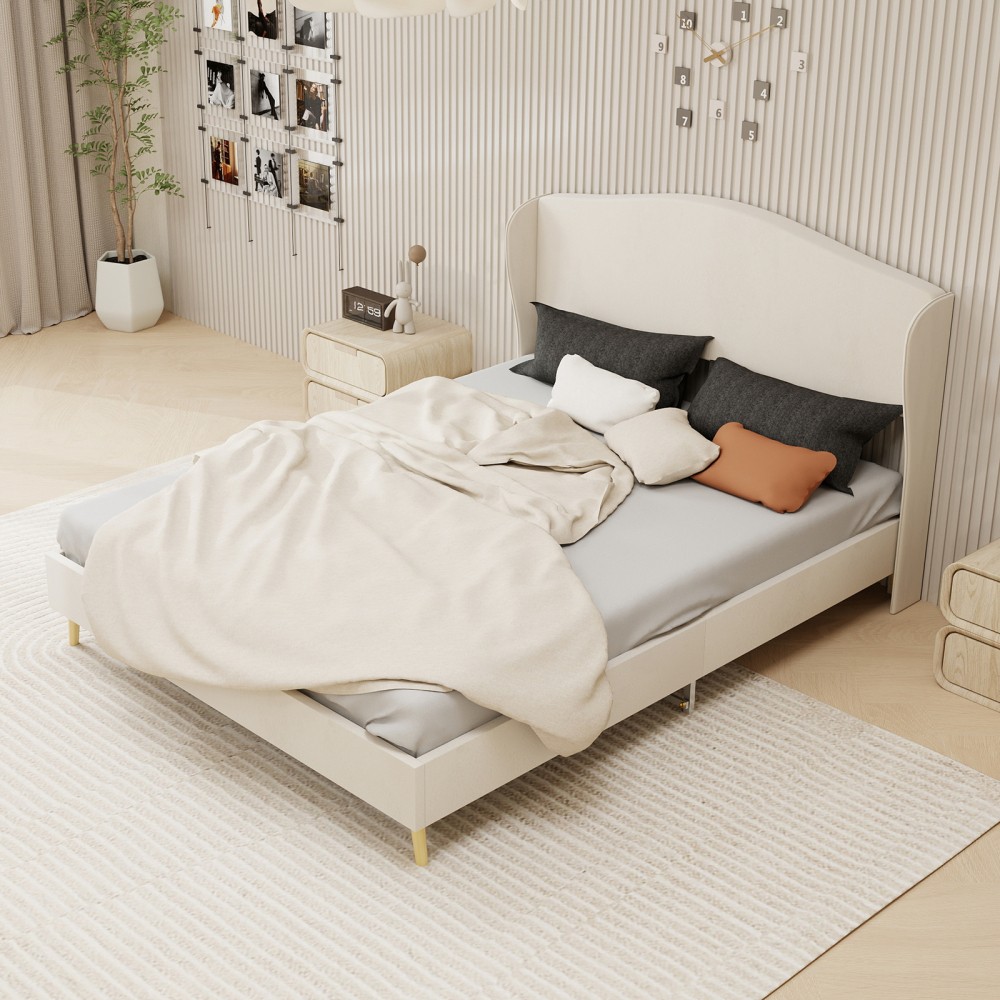 Platform Queen Bed Frame with Velvet Tufted Headboard, Supportive, Beige