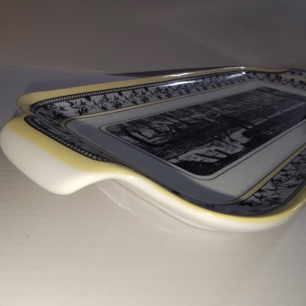 DesignPac Long Rectangular Ceramic Serving Tray Platter Black White Handle Sides