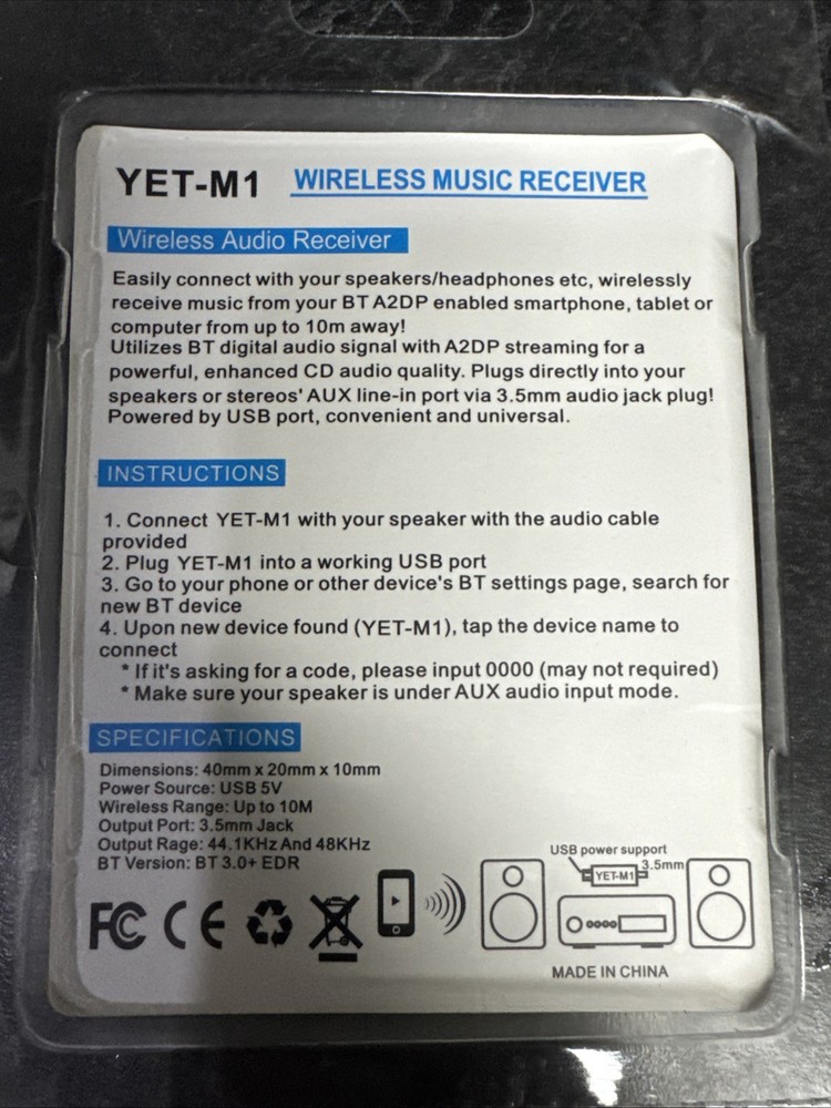 Wireless Bluetooth Music Receiver Model YET-M1 Auxiliary Port Input ￼
