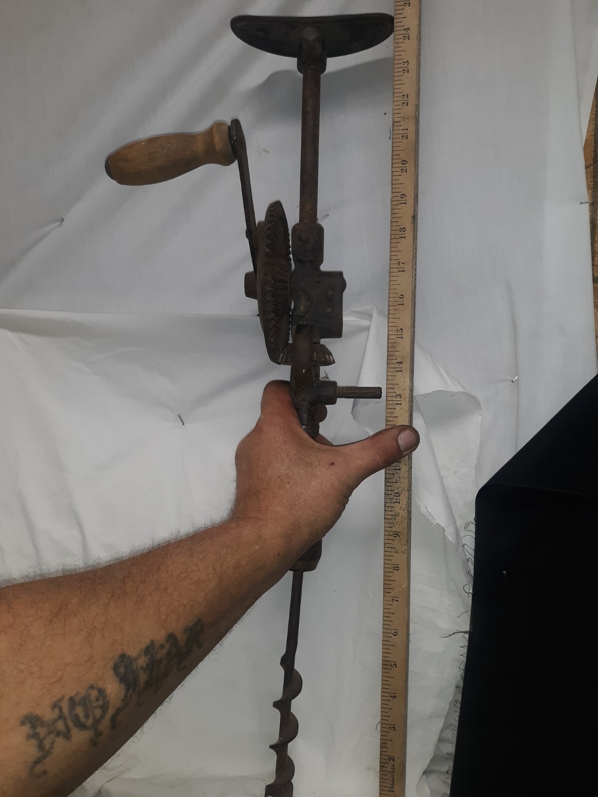 Antique Split Frame Hand Crank Drill Shoulder Brace with 2 Jaw Chuck 15"