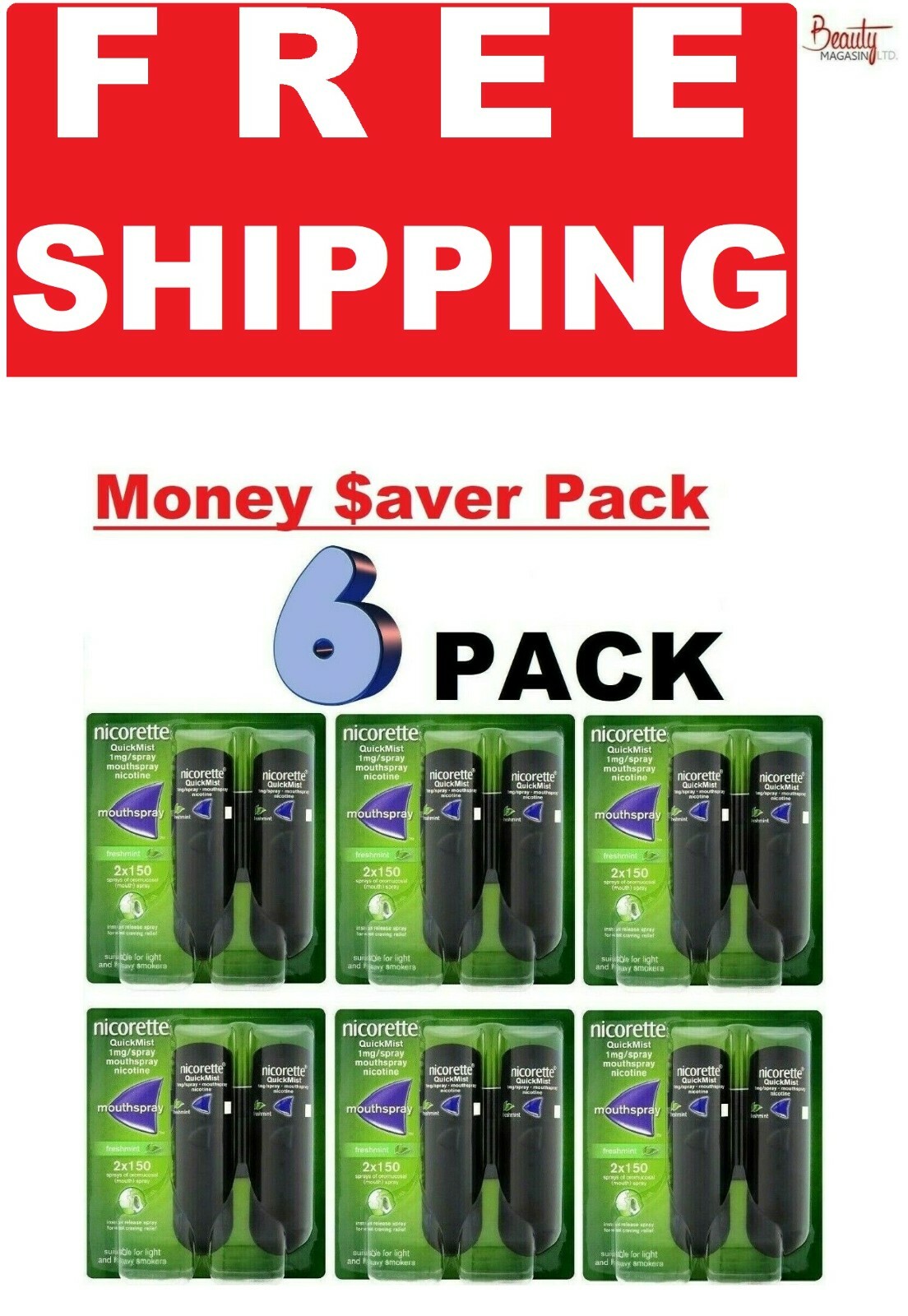 6 x Nicorette Quickmist Duo, 2 x 150 sprays-(12 SPRAY)FREE SHIP TO USA