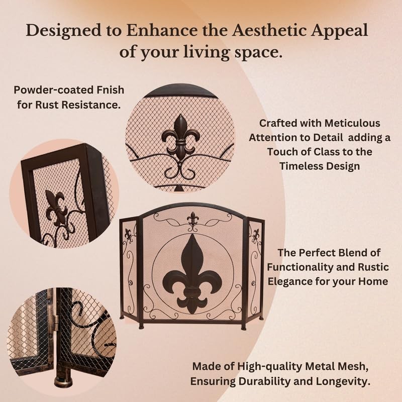 3-Panel Fireplace Screen Decorative with Fleur De Lis Design, Classic Dark