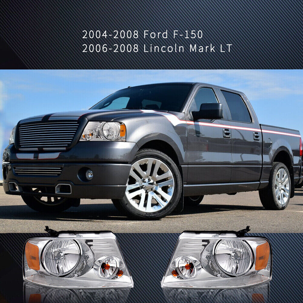 Fit For 2004-2008 Ford F150 F-150 Chrome Amber Headlights Assembly Headlamps Set