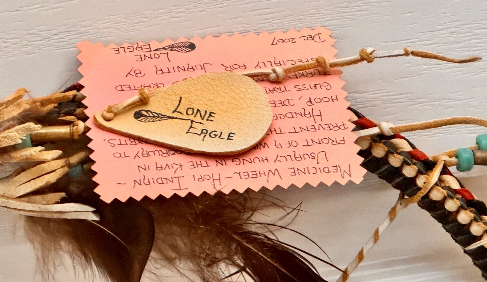 Medicine Wheel-Hopi Artist Lone Eagle Wall Art Braided Leather Wood Hoop Signed