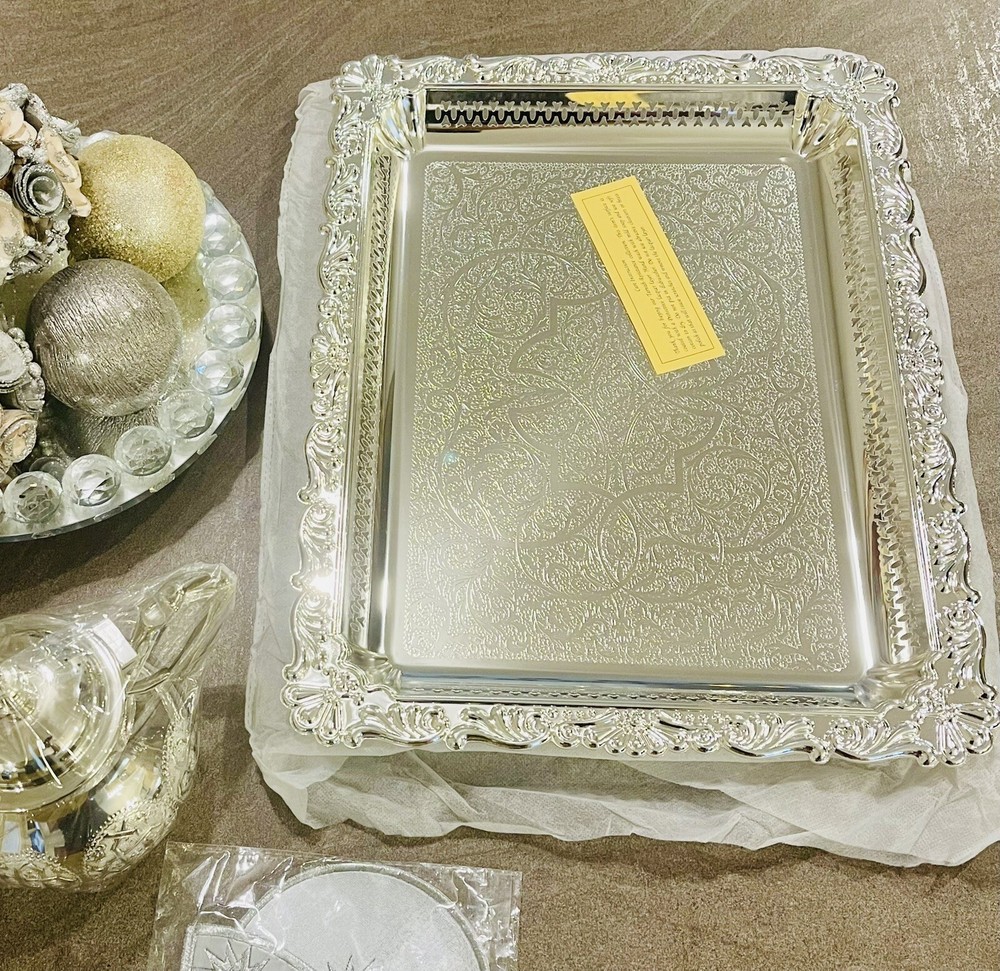 Moroccan Rectangle Silver Finish Serving Tray/platter. Large.
