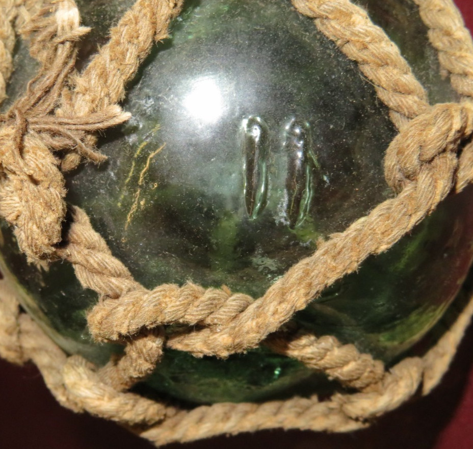 Antique 3" Japanese Rope-Wrapped Blue Hand-Blown Glass II Mark Fishing Net Float