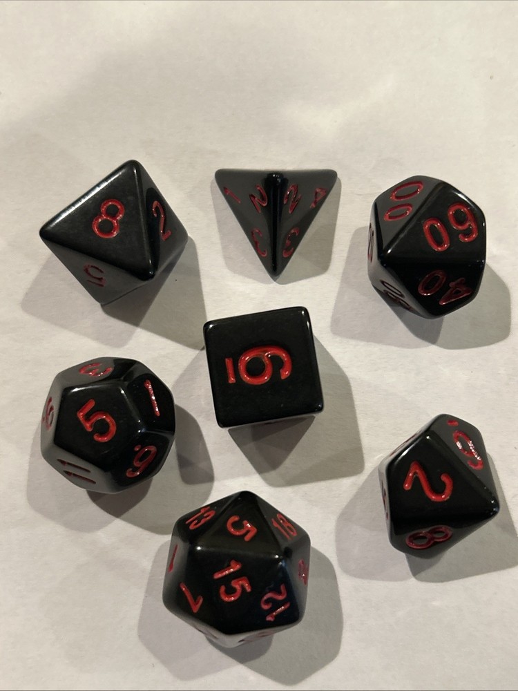 D&D 7 Piece Dice Set Black With Red Numbers