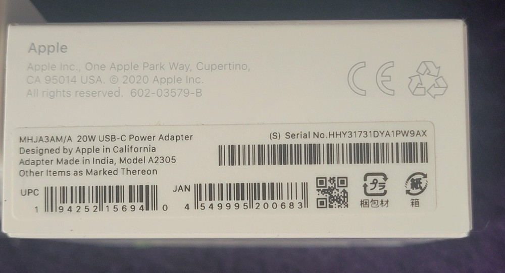 Genuine Apple USB-C Charge Cable (2m) and Apple 20W USB-C Power Adapter Set
