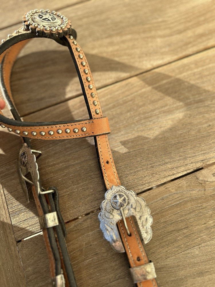 Western Leather Headstall with Silver Star Conchos – Studded, Adjustable | Used