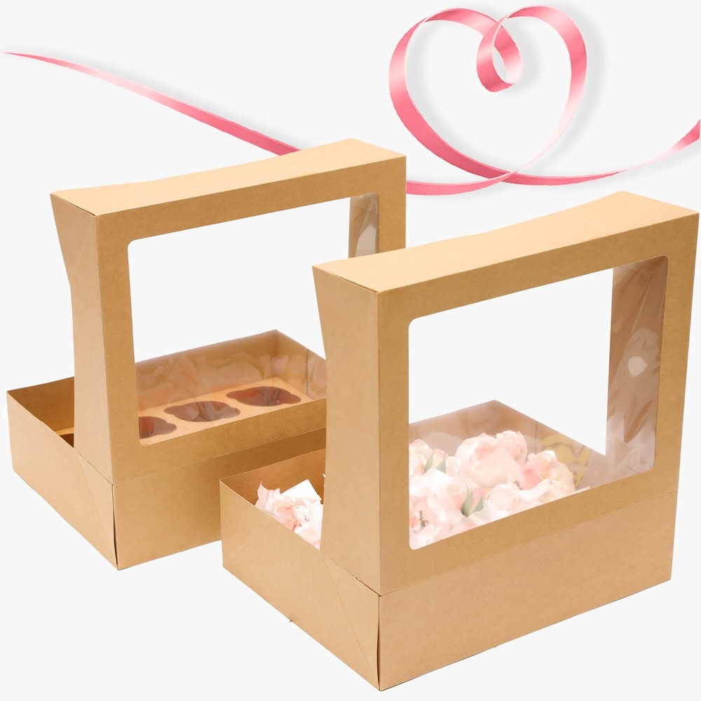 Cupcake Boxes 40 PCS Auto-pop Up Window 12 Count Container Ribbons Brown